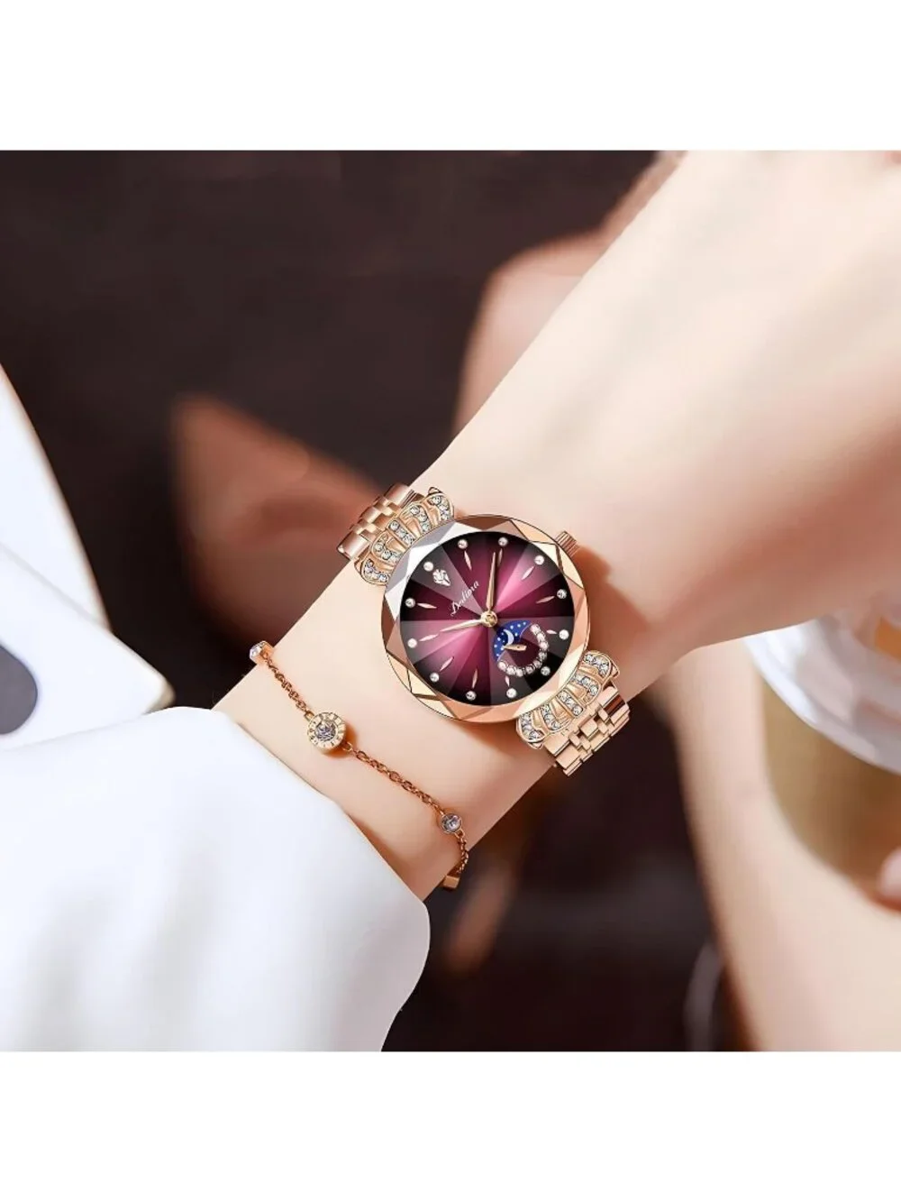 Women's Rose Red Steel Luxury Diamond Dial Stainless Steel Bracelet Wrist Watch